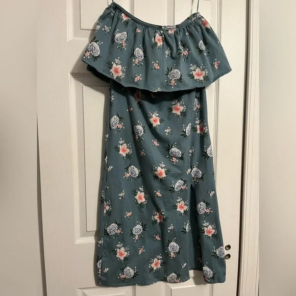 O’Neill ~ Green Floral Strapless Dress Front Side Slit Women’s Size Medium - Picture 2 of 5